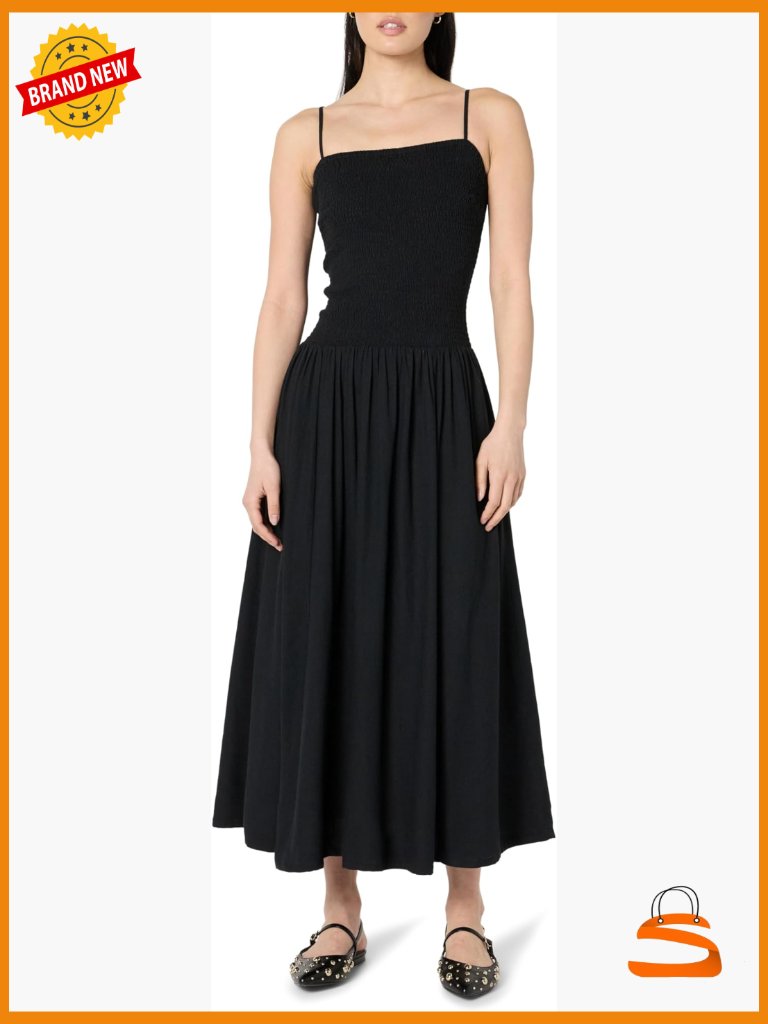 Smocked Bodice Linen Maxi Dress A-Line Sleeveless Regular-Fit